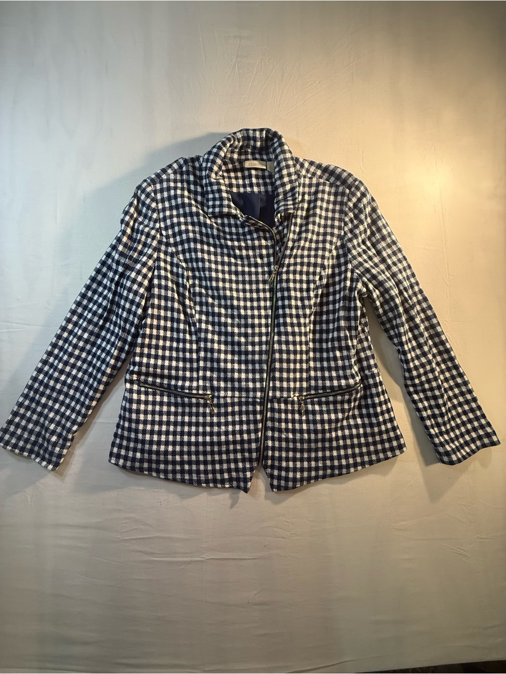 Chico's Navy & White Gingham Zip-Front Blazer